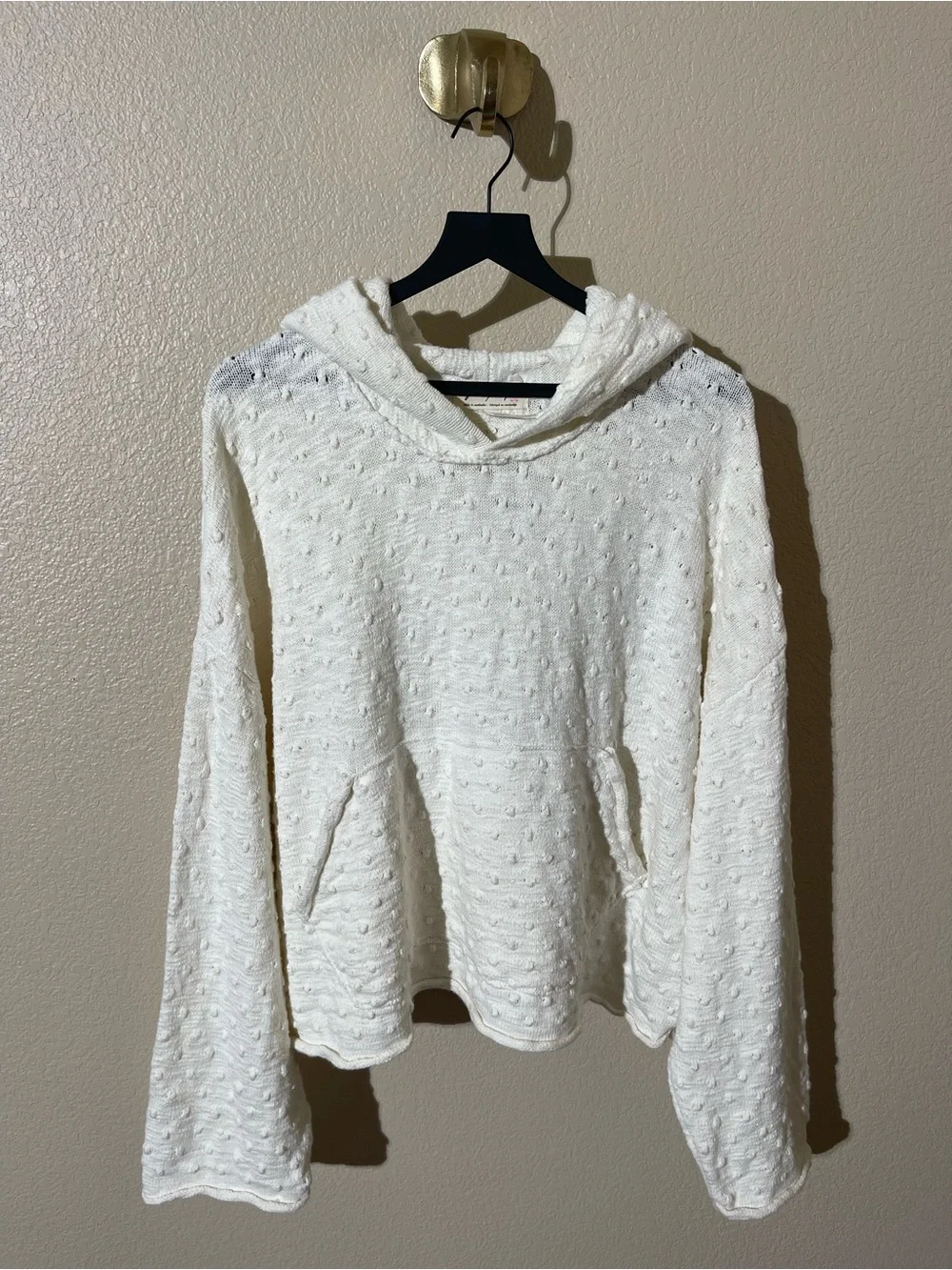 Free People Cream Hooded Textured Sweater